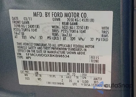 2011 Ford Escape Xlt from USA, damaged, VIN 1FMCU0DGXBKB98534